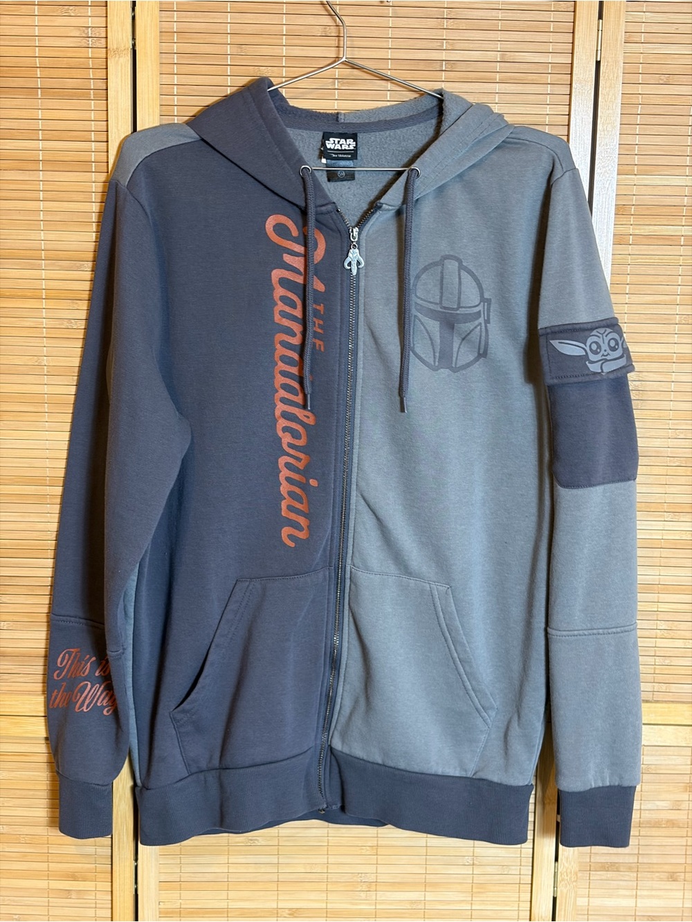 Star Wars The Mandalorian Two-Tone Gray & Charcoal Zip Hoodie Small Oversized